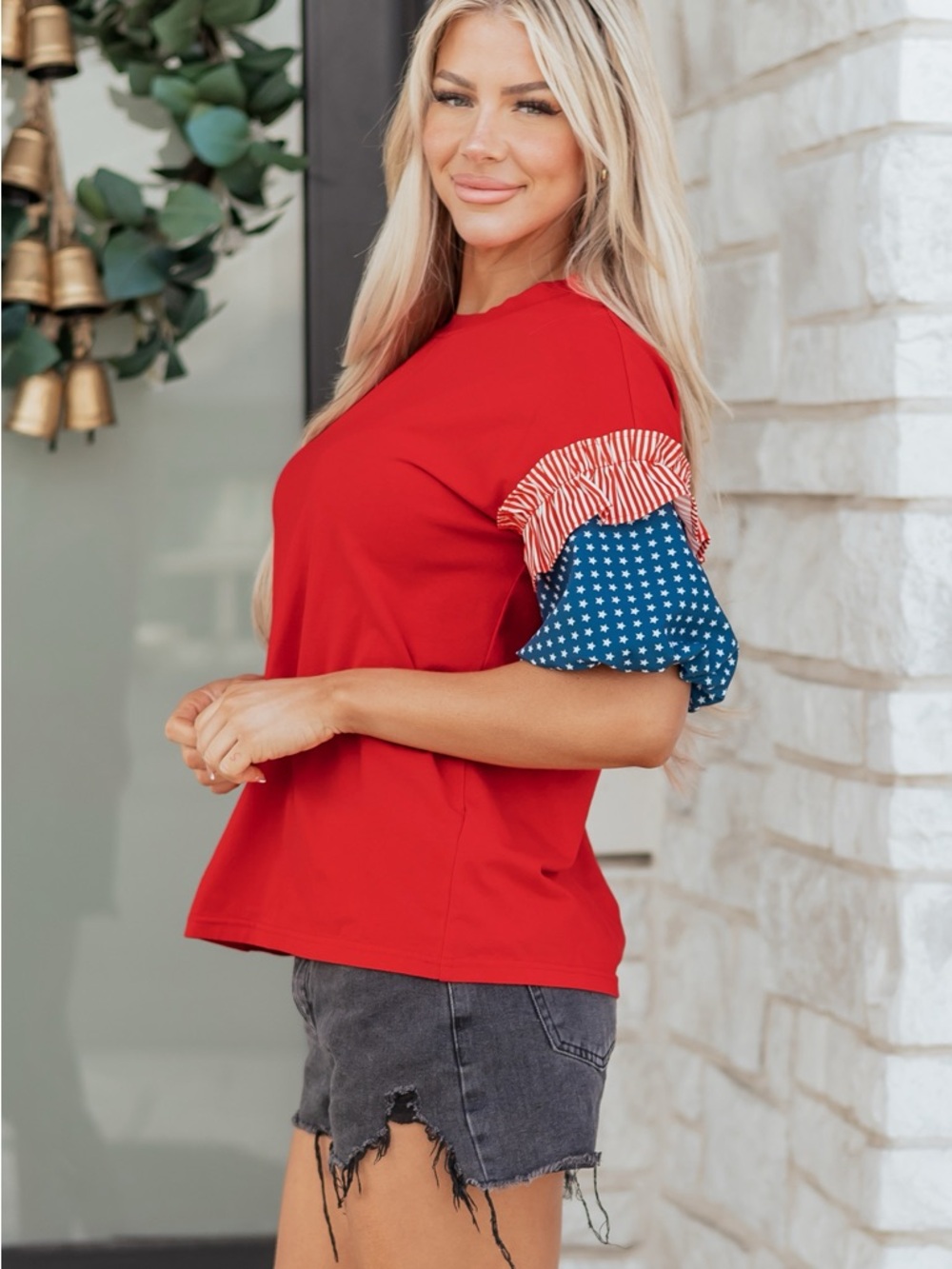 Stars & Stripes Ruffle Sleeve Women's Top in Red - Picture 2 of 9